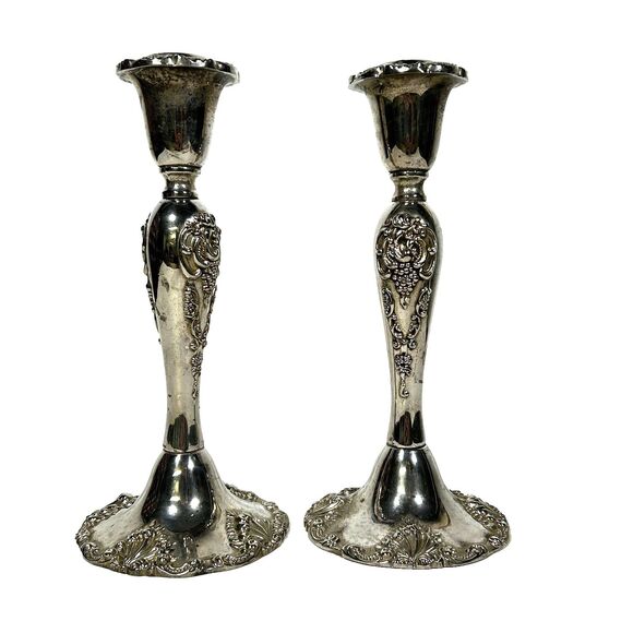 Vintage Godinger Silver Candlestick Holder Set of 2 Ornate Grape Victorian - Picture 2 of 9